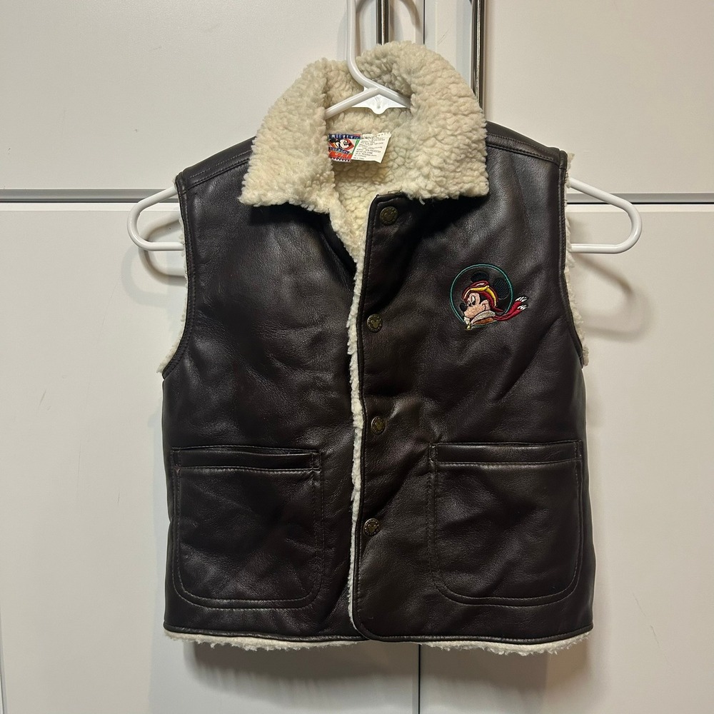 Disney Mickey Stuff Kids Faux Leather‎ Sherpa Lined Aviator Vest Brown Size 6